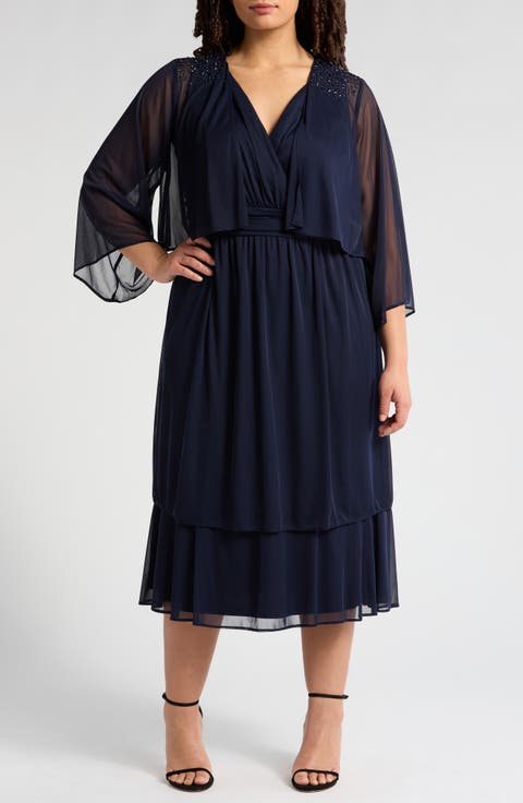 Tiered Hem Chiffon Midi Dress with Jacket (Plus)