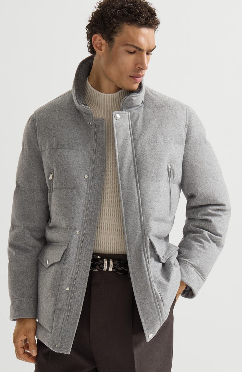 Brunello Cucinelli Bonded wool flannel down parka with detachable hood, Alternate, color, Light Grey