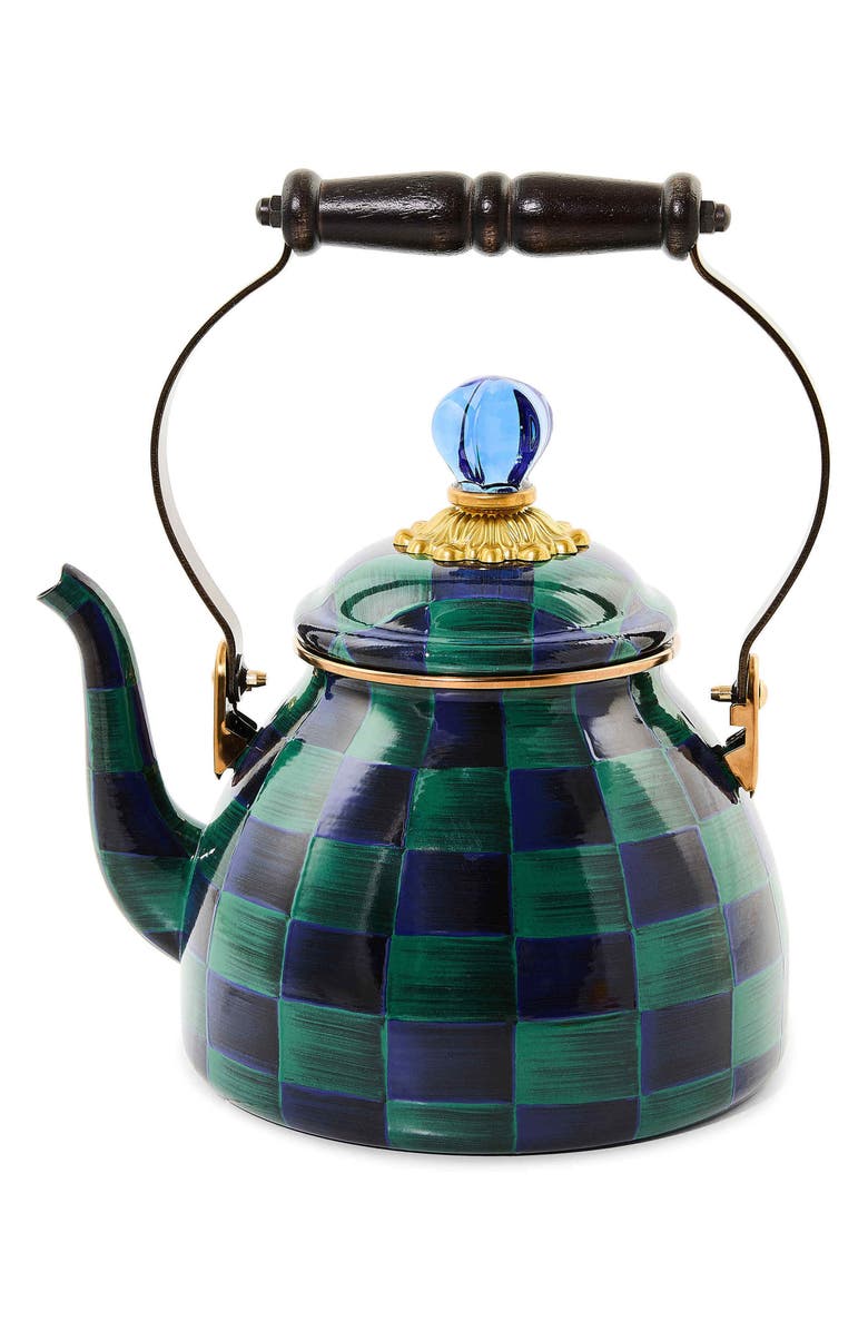 MACKENZIE CHILDS Juniper Check Enameled Steel 2-Quart Tea Kettle, Main, color, Green