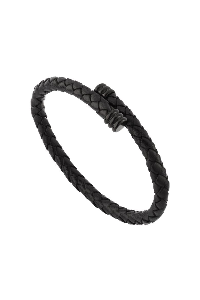 Flexible Braided Leather Bracelet With Stainless Steel End Caps, Alternate, color, BLACK