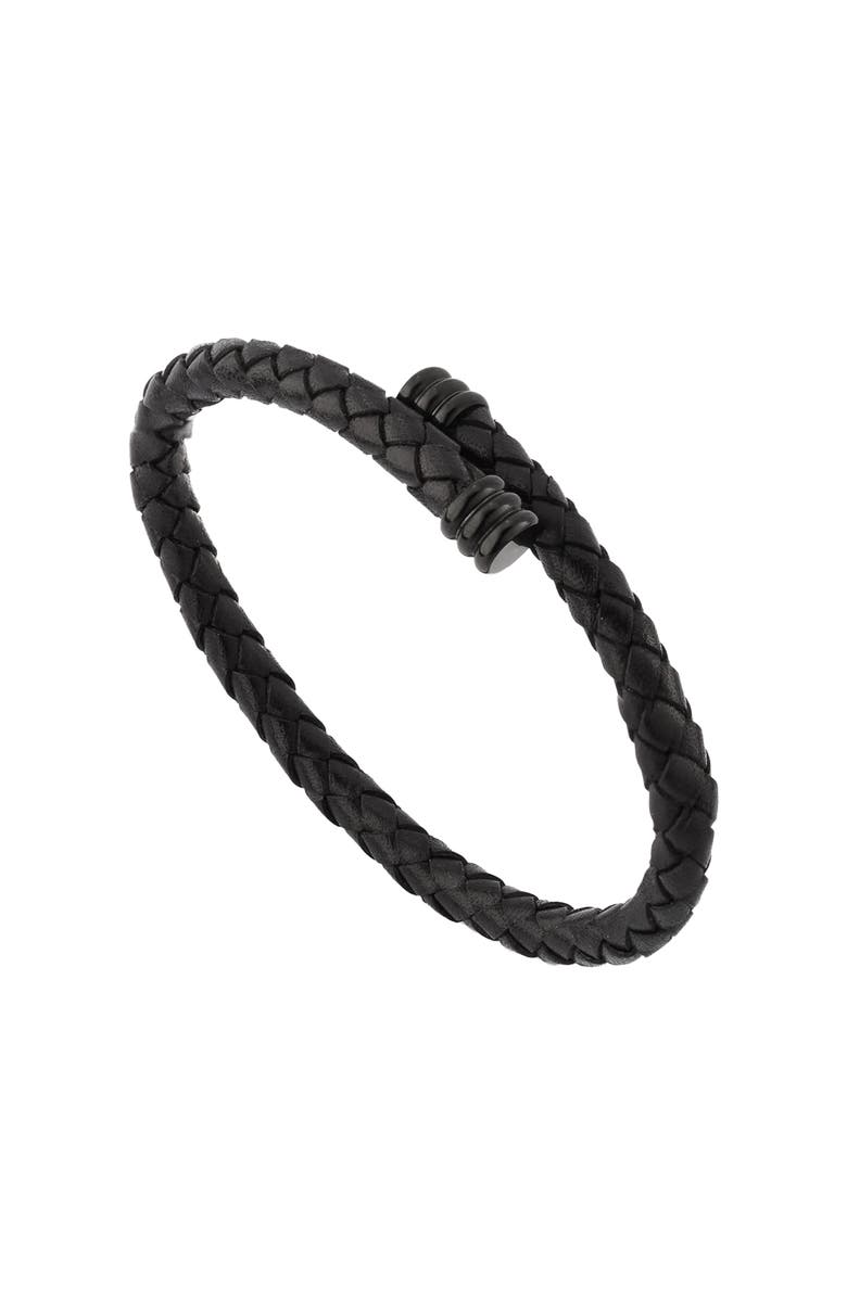 Link Up Flexible Braided Leather Bracelet With Stainless Steel End Caps, Alternate, color, Black