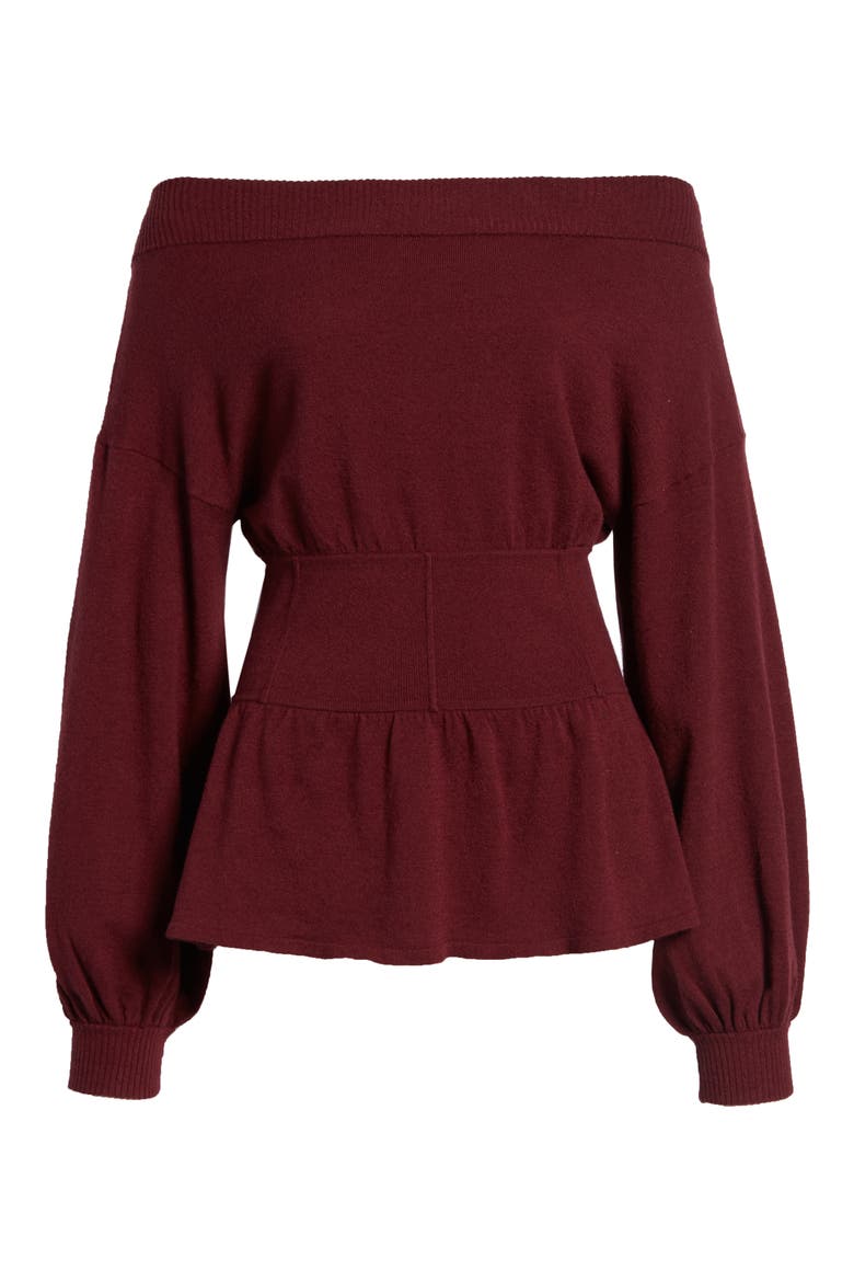 Waist Detail Off the Shoulder Sweater (Nordstrom Exclusive), Alternate, color, RED TANNIN