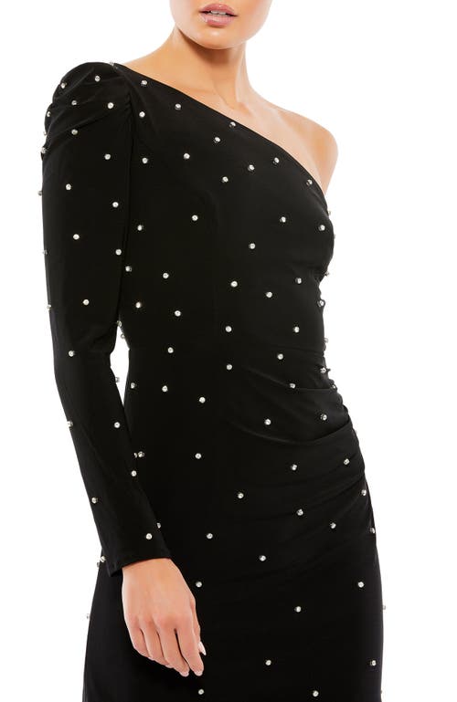 Mac Duggal Rhinestone Encrusted One Shoulder Long Sleeve Mini Dress In Black