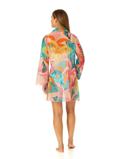 Anne Cole 3/4 Sleeve Tie Open Front Cover Up In Palm Kingdom Coral