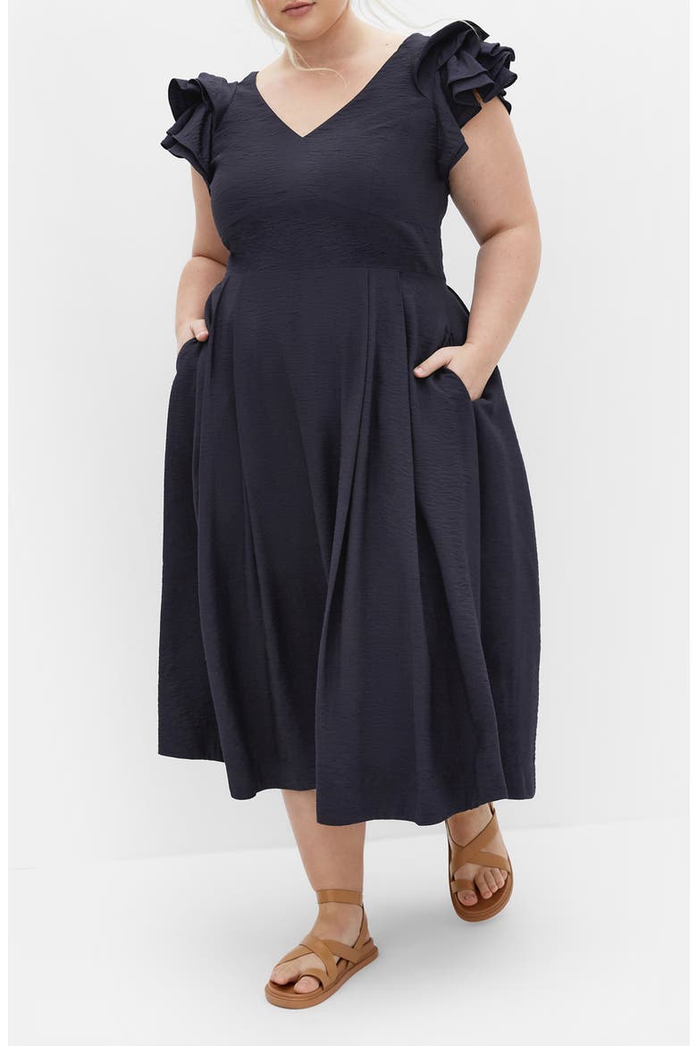 Ila Flutter Sleeve Midi Dress, Main, color, NAVY
