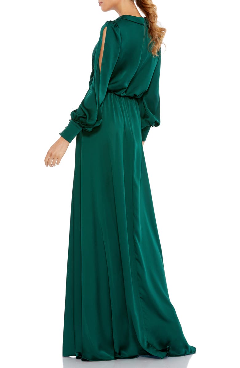 Mac Duggal Satin Dress with Cinched Waist and Thigh-High Slit, Alternate, color, Deep Emerald