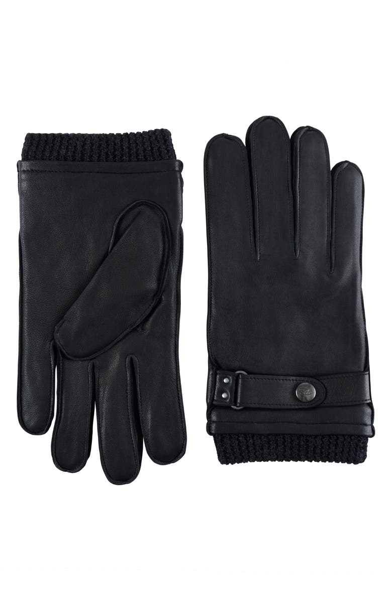 Robert Barakett Leather Knit Cuff Gloves, Main, color, Black