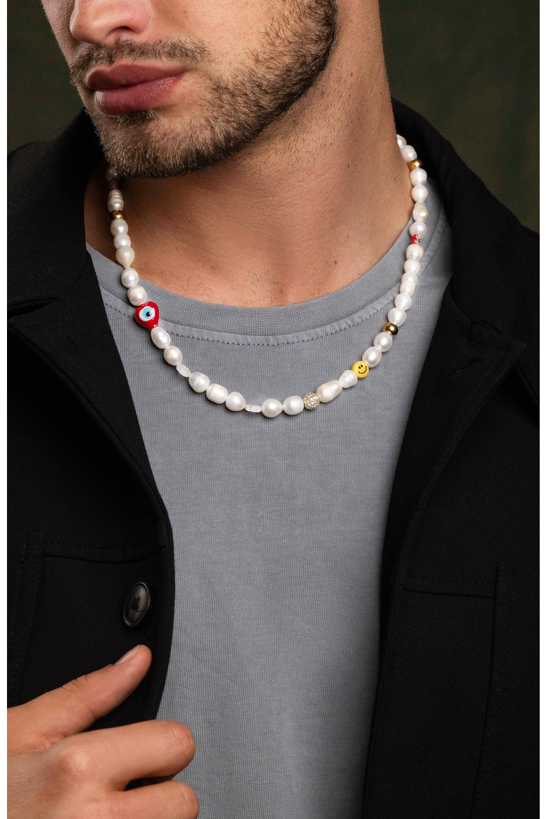 Smiley Face Pearl Necklace, Alternate, color, White