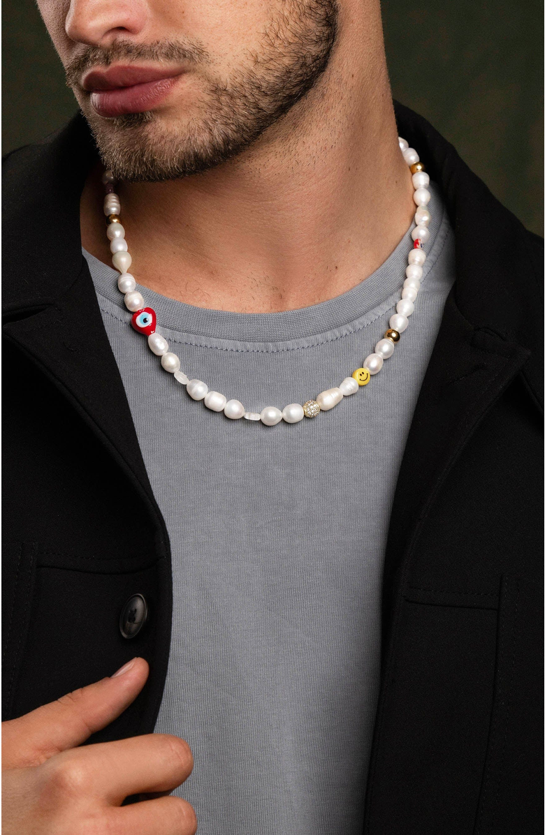 Nialaya Smiley Face Pearl Necklace, Alternate, color, White