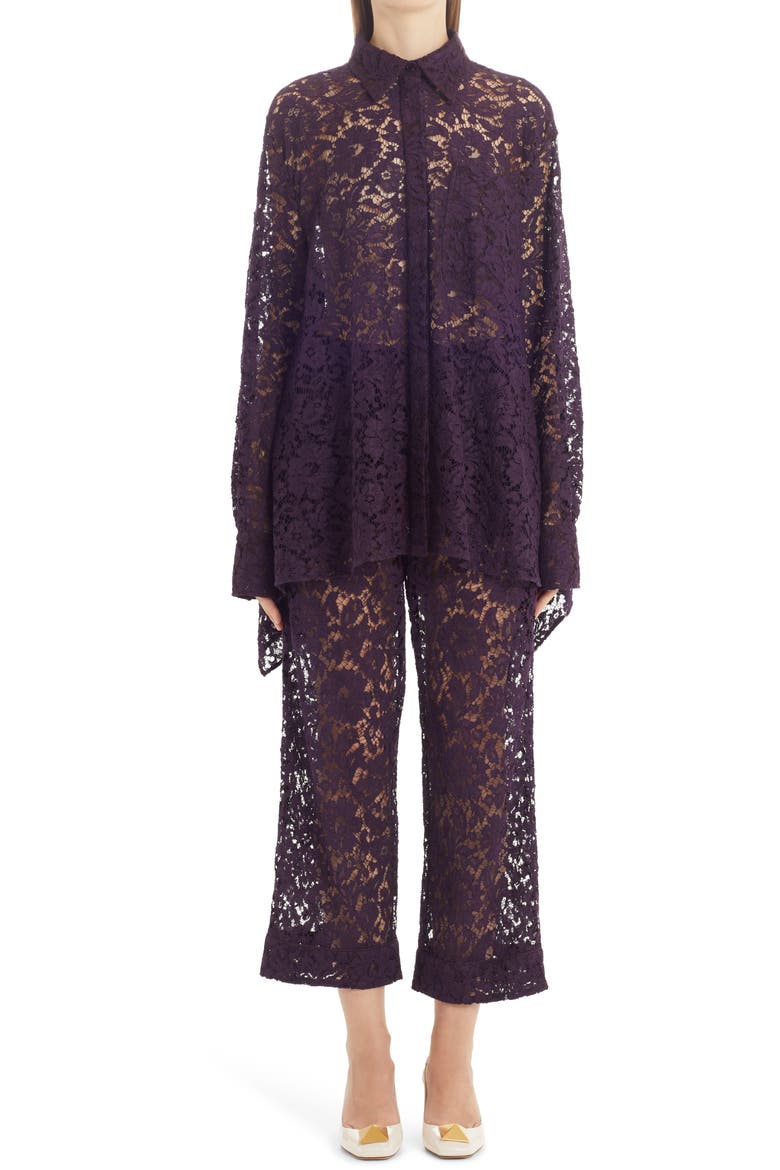 Valentino Wide Leg Crop Guipure Lace Pants, Alternate, color, RIPE PLUM Y82