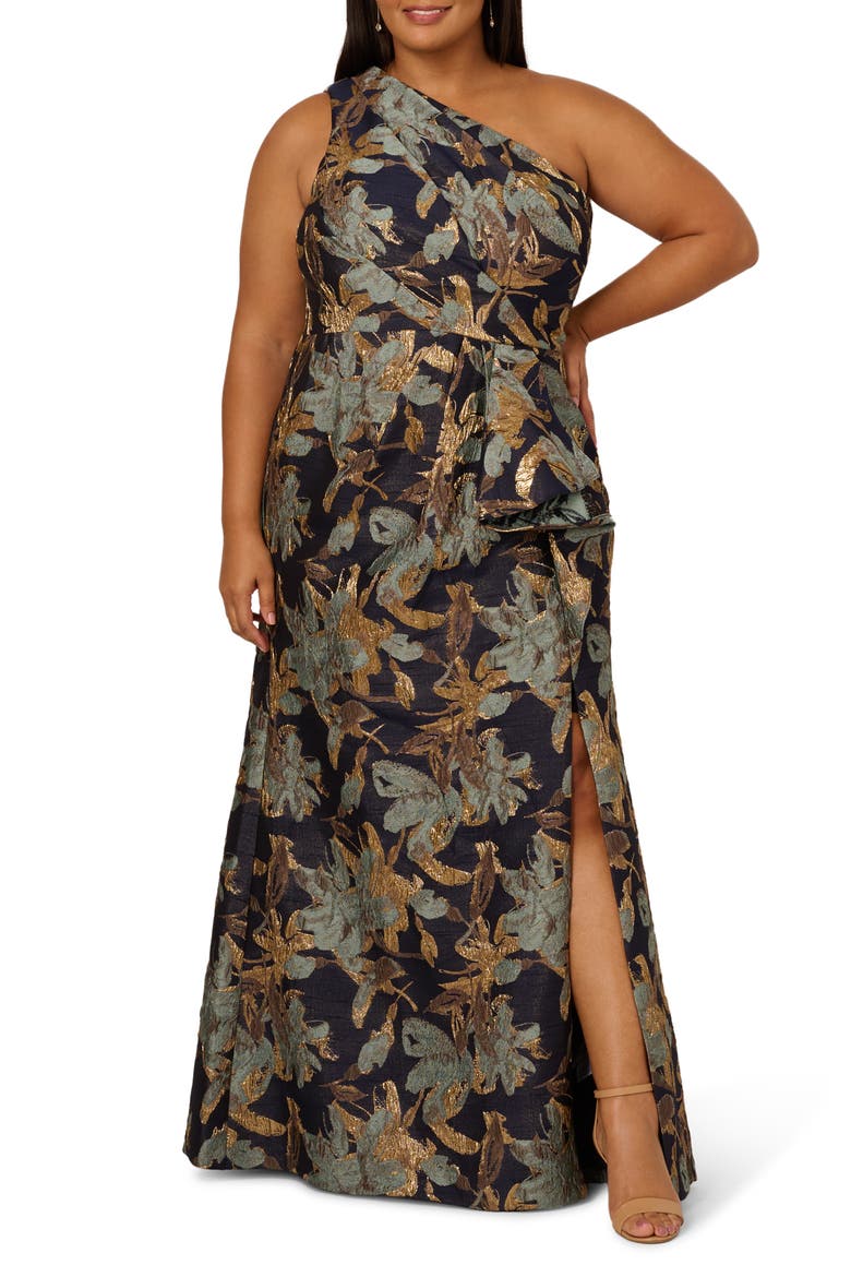 Metallic Floral Jacquard Mermaid Gown, Main, color, BLUE/ GOLD