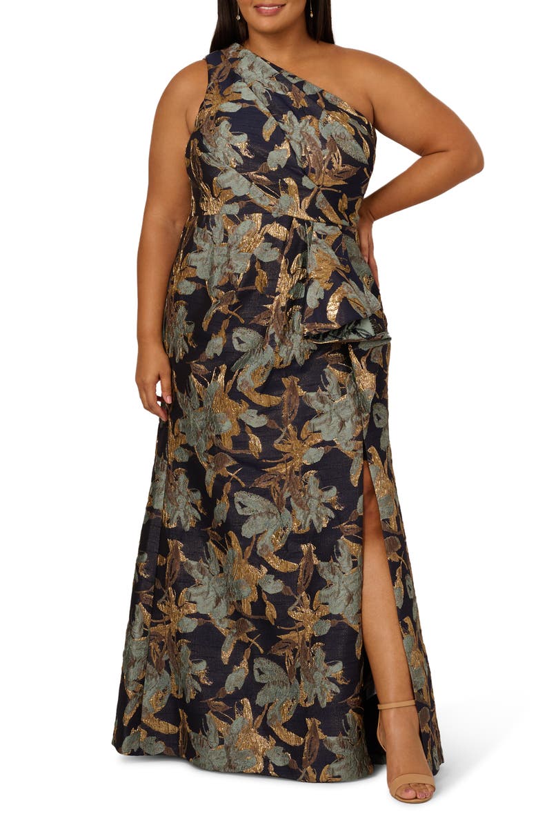 Adrianna Papell Metallic Floral Jacquard Mermaid Gown, Main, color, Blue/ Gold