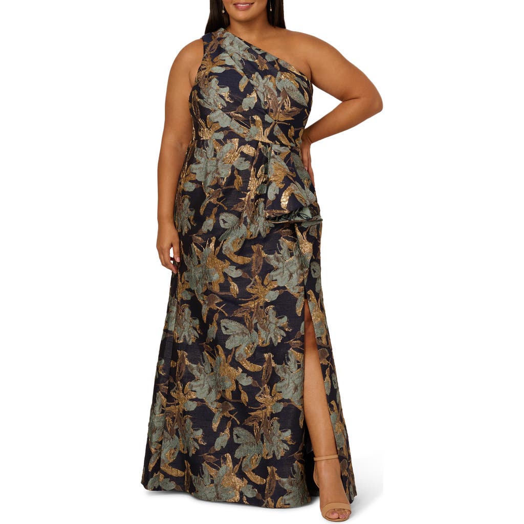 Adrianna Papell Plus Size Metallic Jacquard One-shoulder Long Dress In Multi