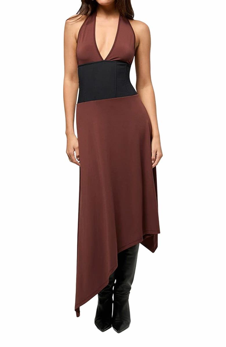 WeWoreWhat Corset Halter Asymmetrical Midi Dress, Alternate, color, Chocolate/Black