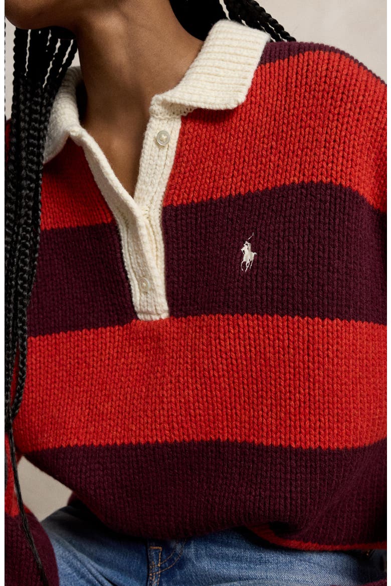 Stripe Oversize Wool Blend Rugby Polo Sweater, Alternate, color, HARVARD WINE/ BRANDY HEATHER