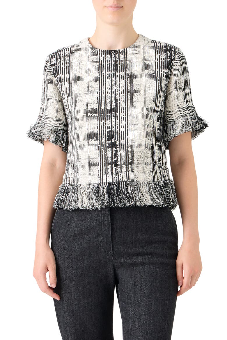 Fringe Plaid Tweed Top, Main, color, BLACK-IVORY