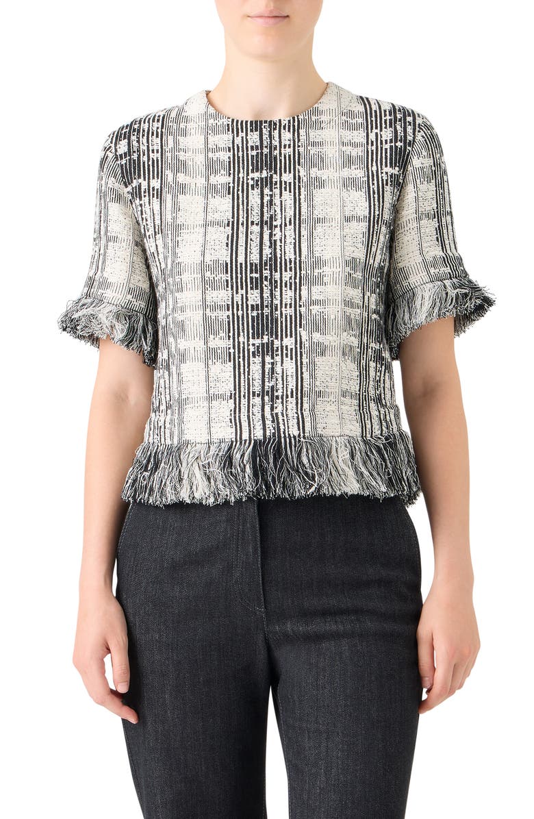 Akris punto Fringe Plaid Tweed Top, Main, color, Black-Ivory