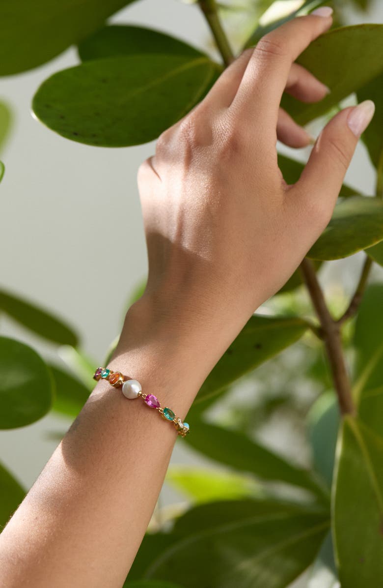 Nadri Frieda Cubic Zirconia & Freshwater Pearl Chain Bracelet, Alternate, color, Gold