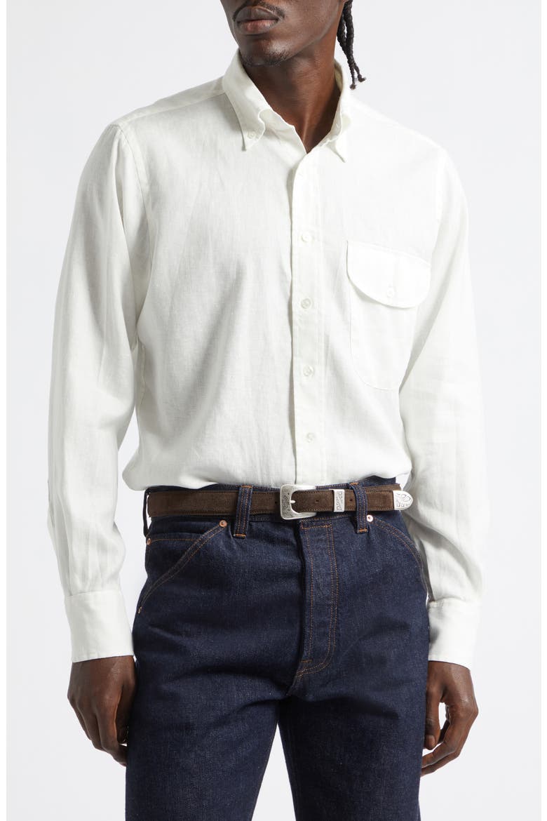 Curved Flap Linen Button-Down Shirt, Main, color, WHITE