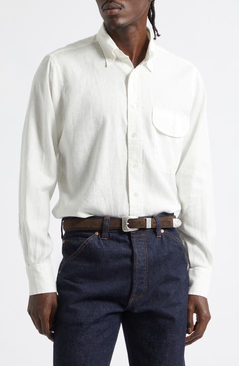 Curved Flap Linen Button-Down Shirt