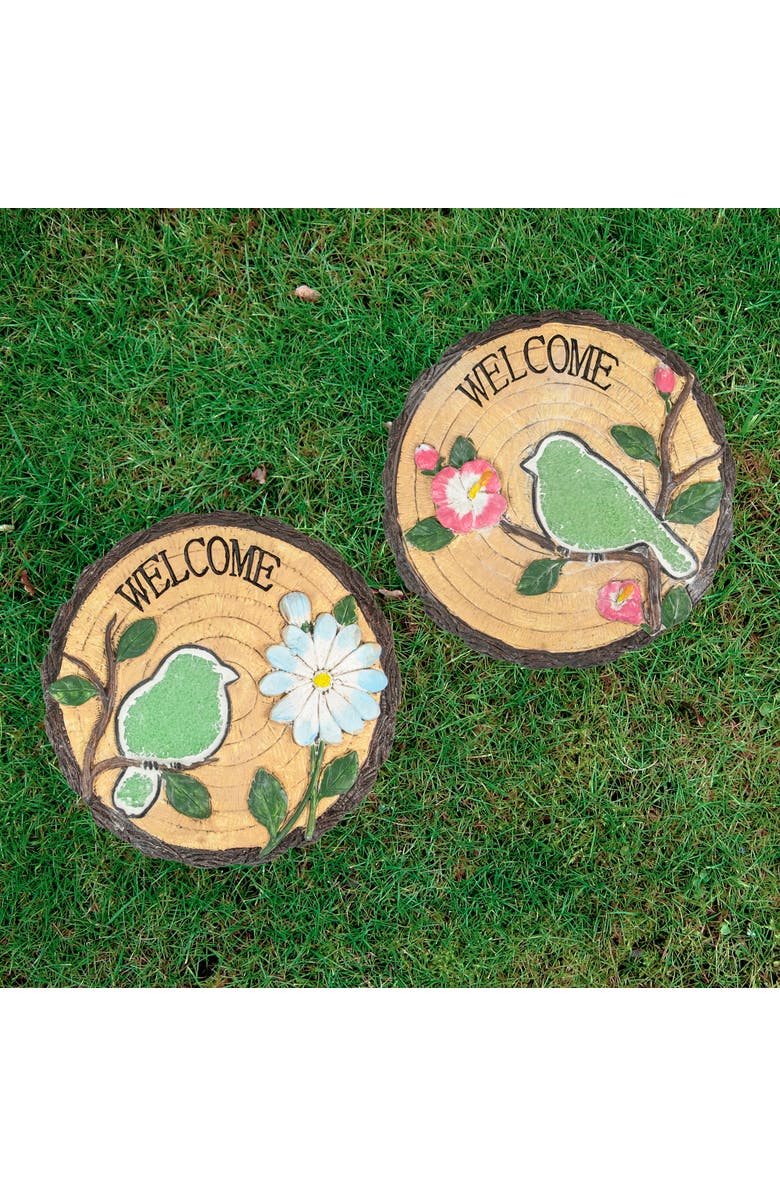 Northlight Set of 2 Welcome Birds Outdoor Floral Garden Stones 11", Alternate, color, Brown