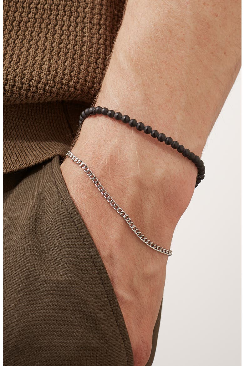 Men's Black Onyx Bead & Curb Chain Bracelet Set, Alternate, color, SILVER