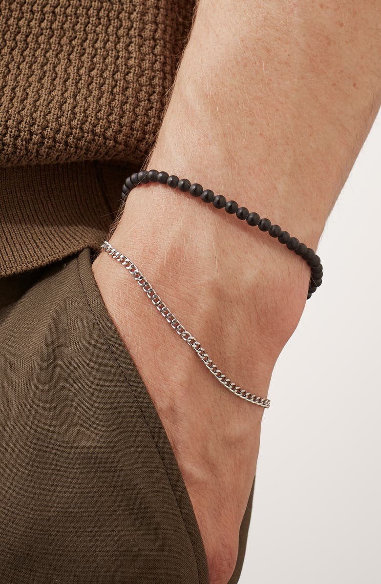 Estella Bartlett Men's Black Onyx Bead & Curb Chain Bracelet Set, Alternate, color, Silver