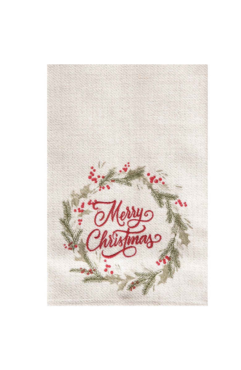 C&F Home 27" x 18" "Merry Christmas" Sentiment Holly Berry Winter Wreath Holiday Embellished Flour Sack Kitchen Dish Towel Decor, Alternate, color, White