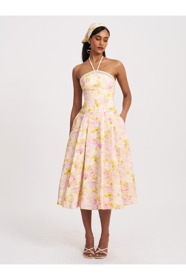 Zaina Floral Print Lace Trim Linen Midi Dress, Main, color, Yellow and pink floral print