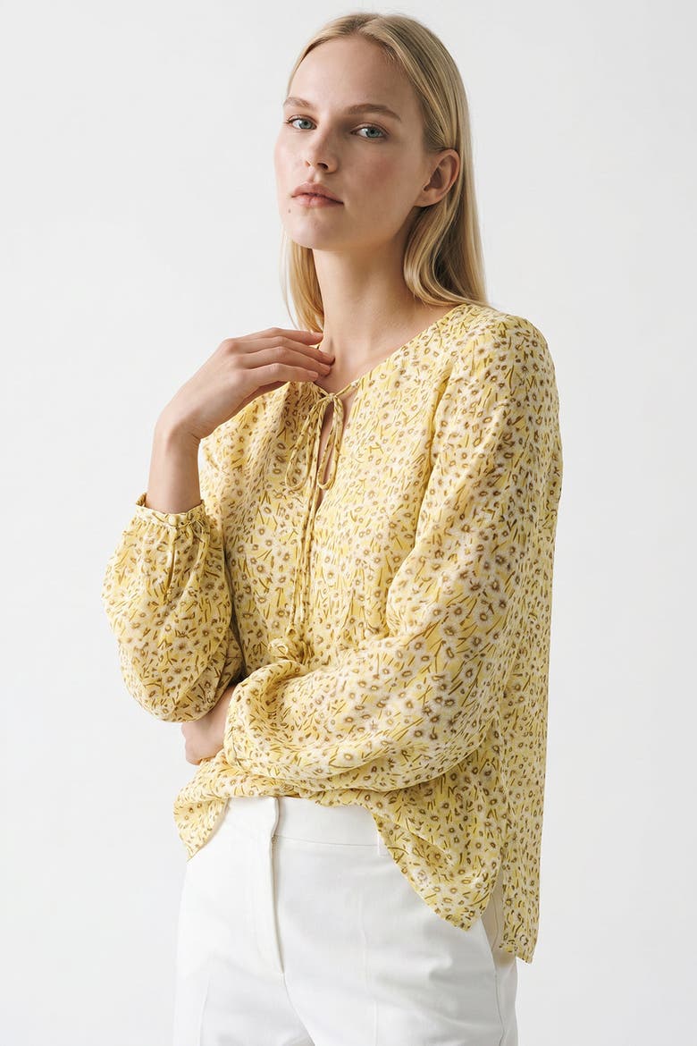 Florenz Crew Neck Tie Front Patterned Blouse, Alternate, color, Multi Color