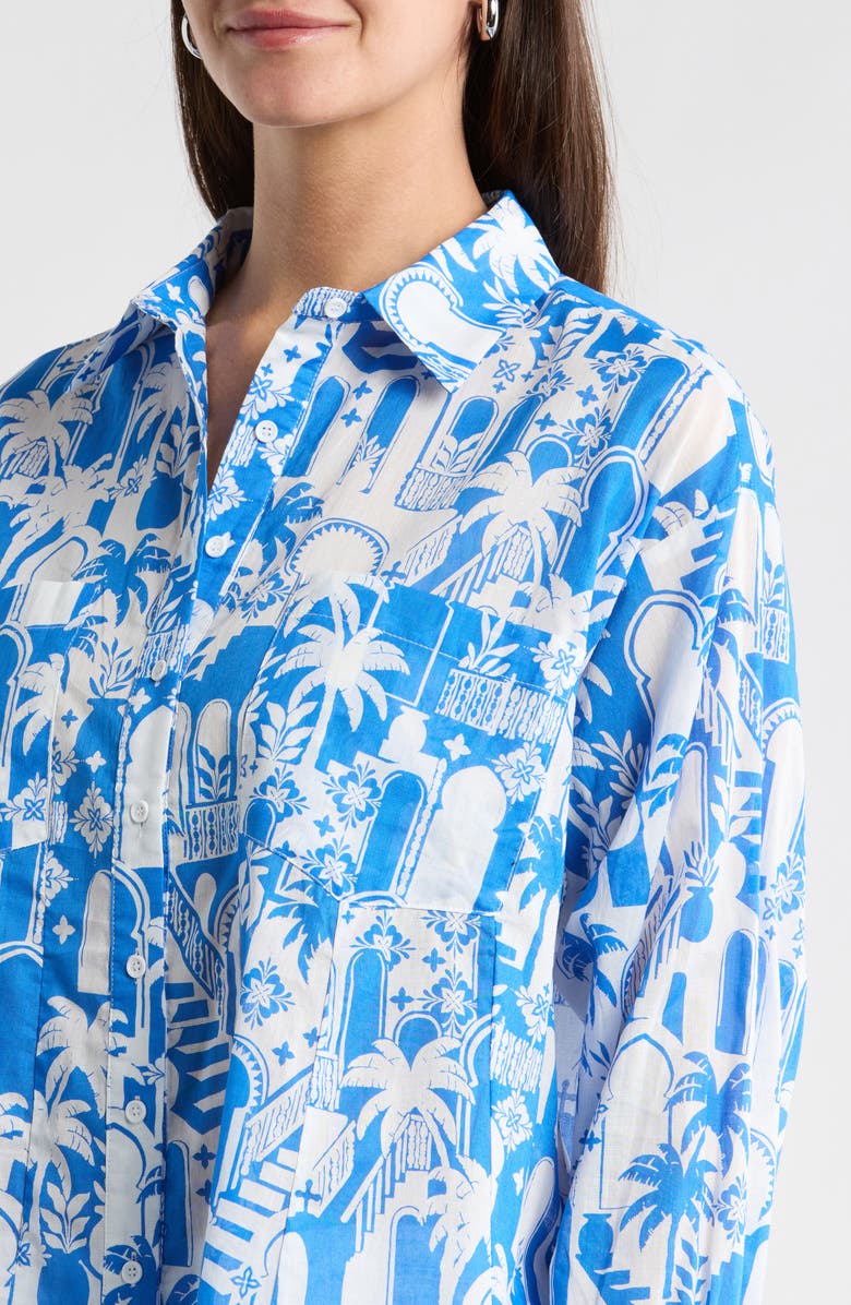 SUGARLIPS Nala Regie Print Cotton Button-Up Shirt, Alternate, color, White-Blue
