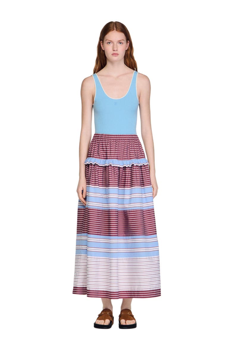 Long striped cotton skirt, Main, color, Burgundy / white