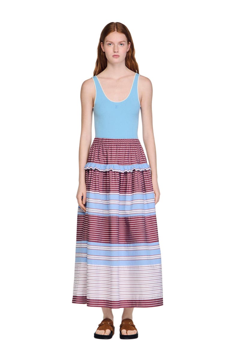 SANDRO Long striped cotton skirt, Main, color, Burgundy / White