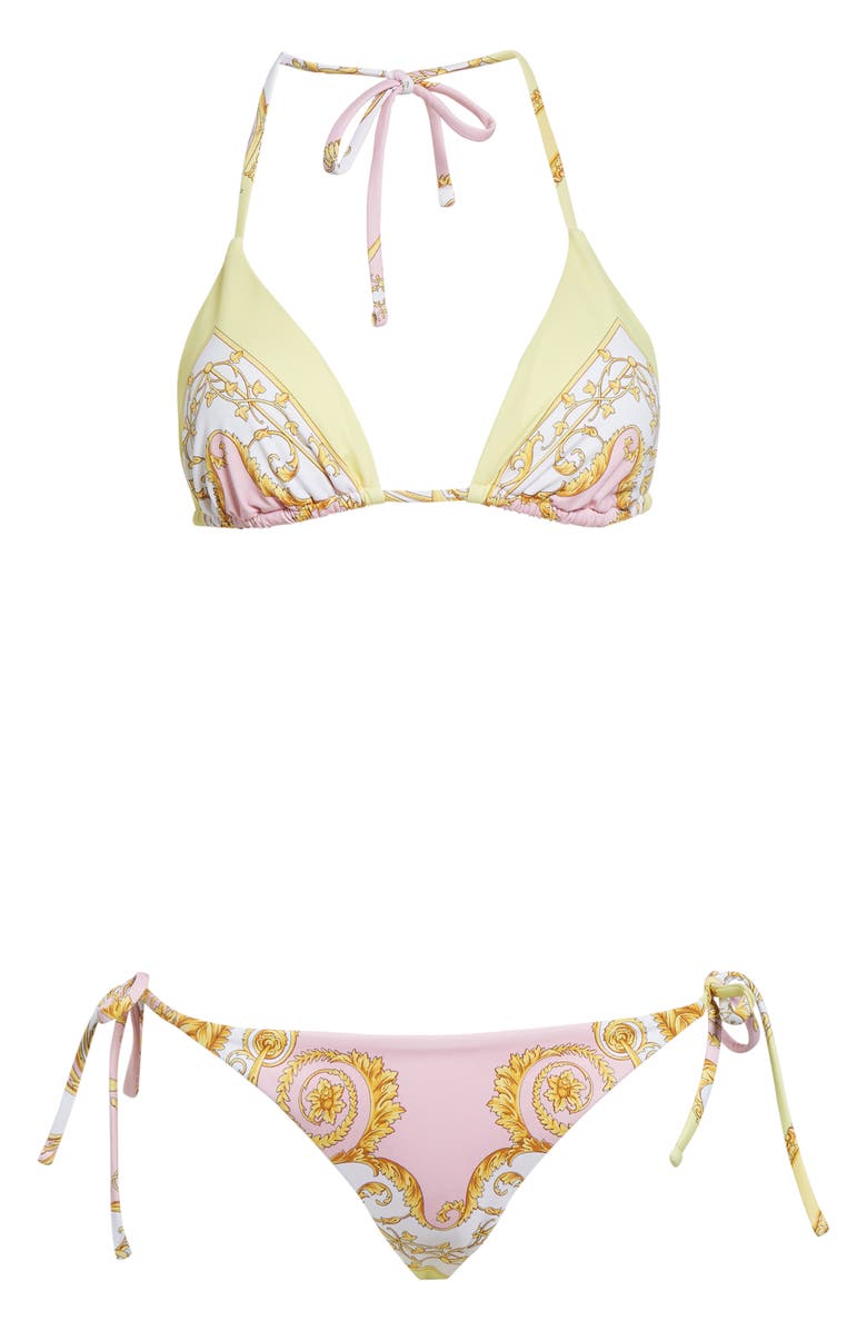 Versace Barocco Print Triangle Bikini Top, Alternate, color, Pale Yellow Rose Quartz