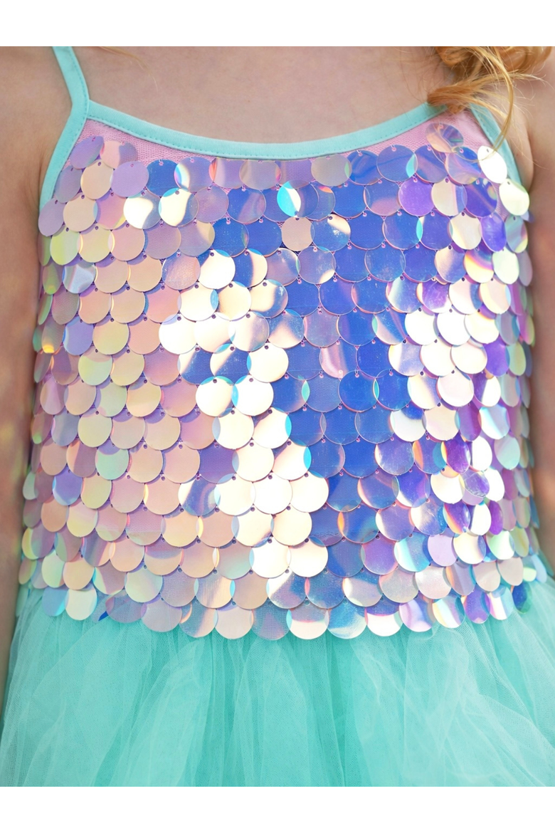 Iridescent Aqua Mermaid Sequin Party Dress, Alternate, color, Blue-Green