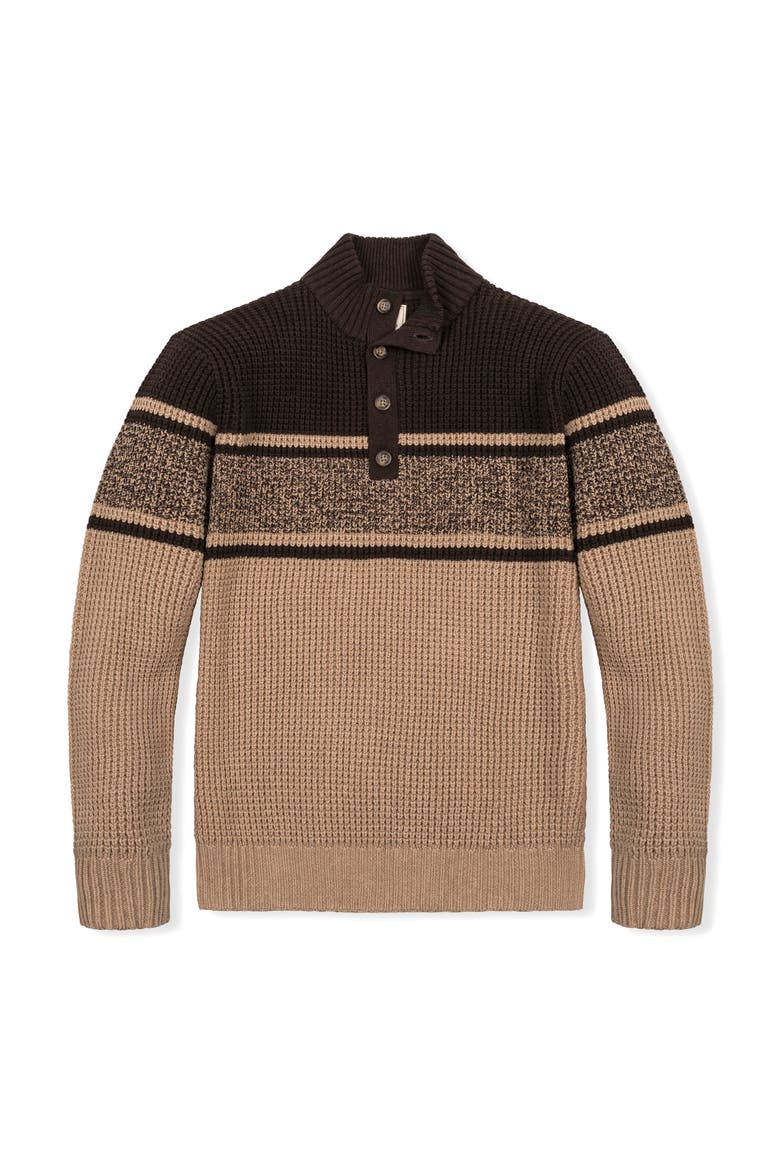 Organic Mock Neck Waffle Sweater, Alternate, color, Camel and Chocolate Stripe