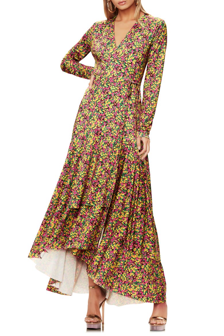 Elodie Ruffle Hem Long Sleeve Wrap High/Low Dress, Main, color, ELECTRIC DITSY