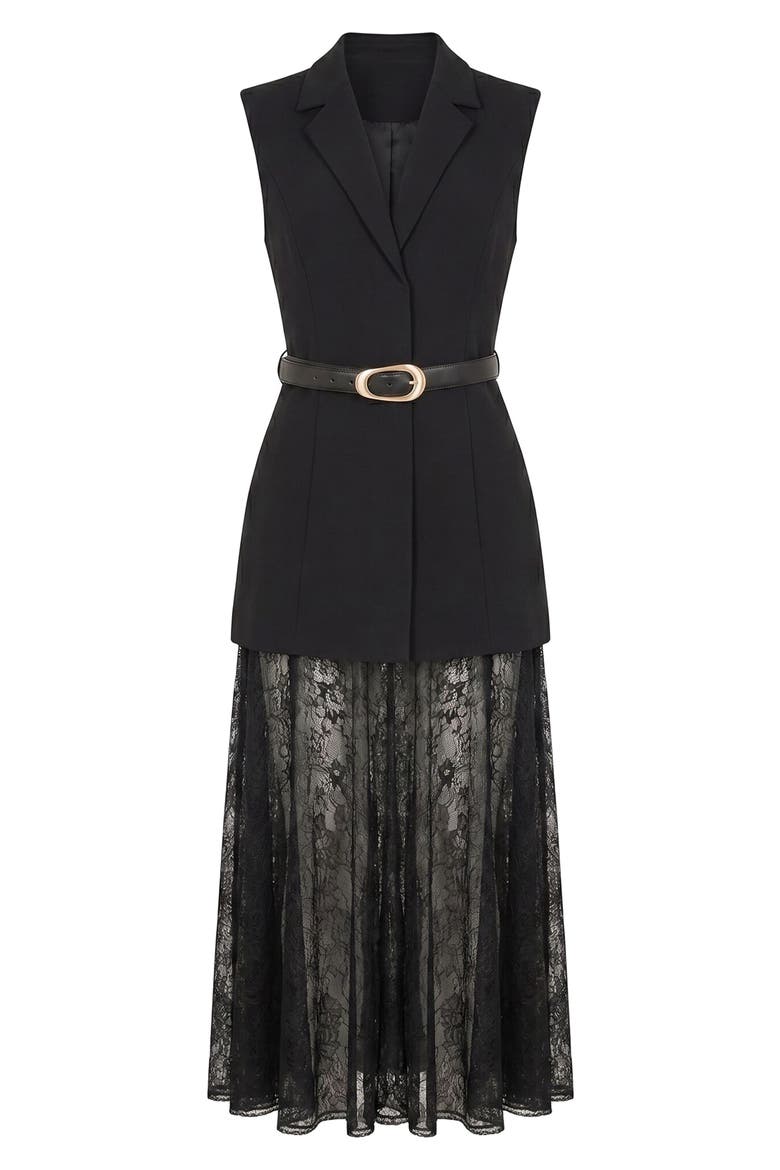 Shanae Belted Lace Maxi Dress, Alternate, color, BLACK