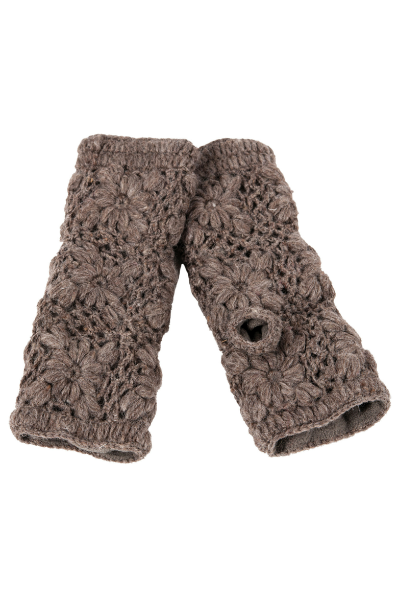 Flower Hand Crochet Fingerless Gloves, Main, color, Cocoa