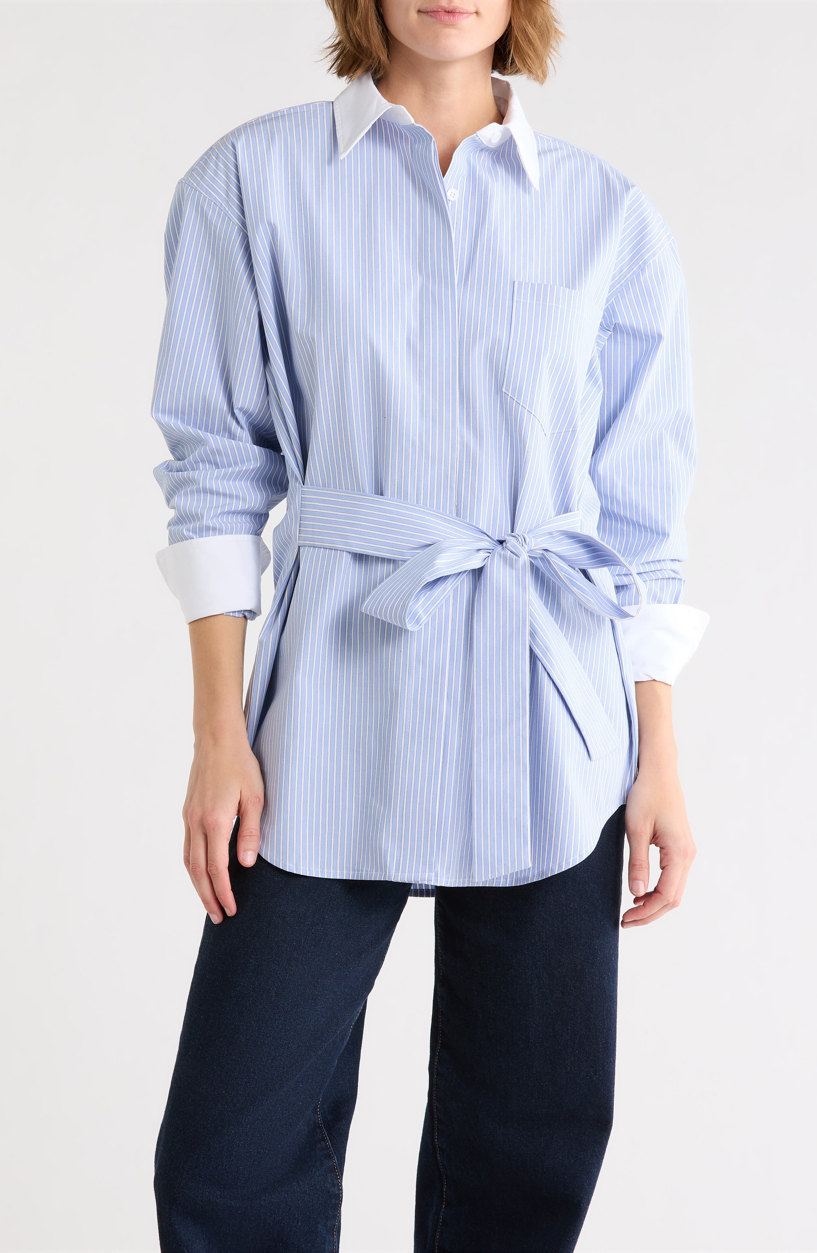 Good American Stripe Poplin Tie Waist Button-Down Shirt