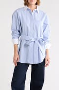 Good American Stripe Poplin Tie Waist Button-Down Shirt