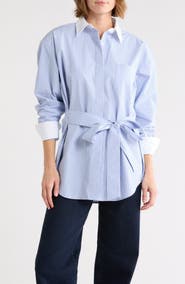 Good American Stripe Poplin Tie Waist Button-Down Shirt
