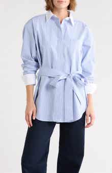 Good American Stripe Poplin Tie Waist Button-Down Shirt