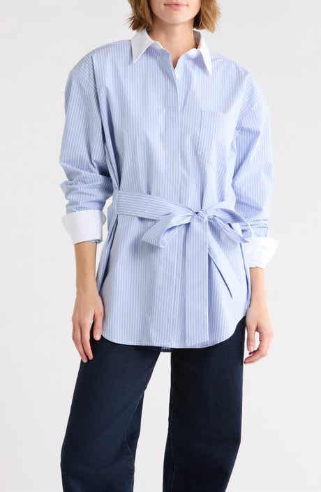 Good American Stripe Poplin Tie Waist Button-Down Shirt