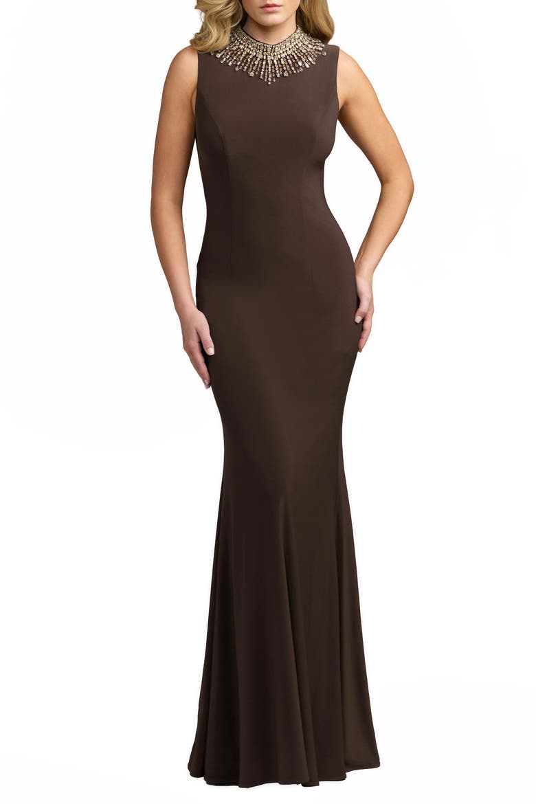 Sleeveless Rhinestone Embellished High Neck Gown, Main, color, Chocolate