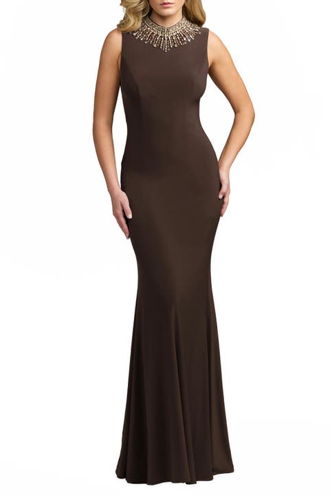 Sleeveless Rhinestone Embellished High Neck Gown