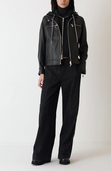 Eleventy Leather Biker Jacket with Removable Hooded Bib | Nordstrom