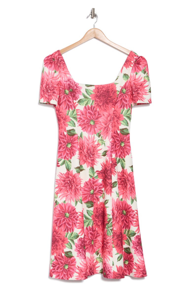 Square Neck Short Sleeve Fit & Flare Dress, Alternate, color, IVORY MULTI