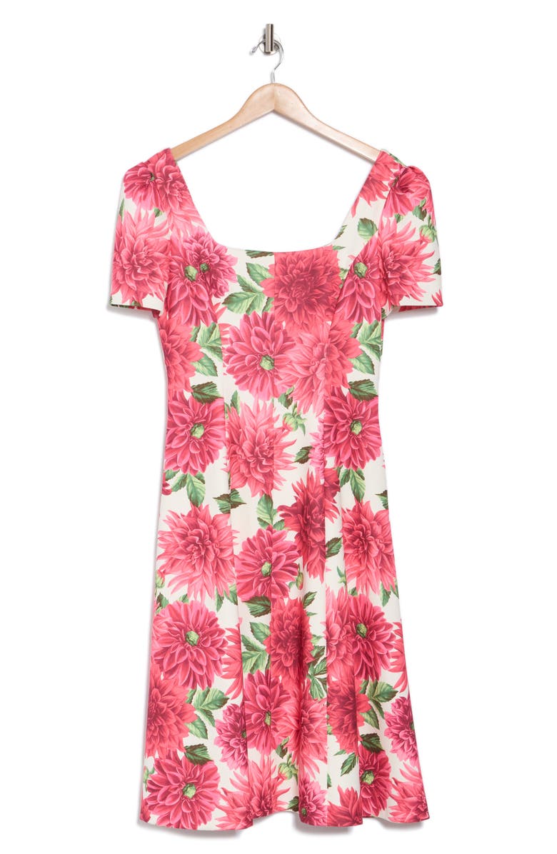 Donna Ricco Square Neck Short Sleeve Fit & Flare Dress, Main, color, Ivory Multi
