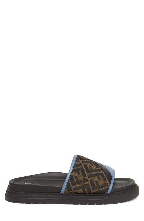 Fendi Brown Ff Jacquard And Light Blue Leather Slides In F1rta Cerul/nero/tabac.ner